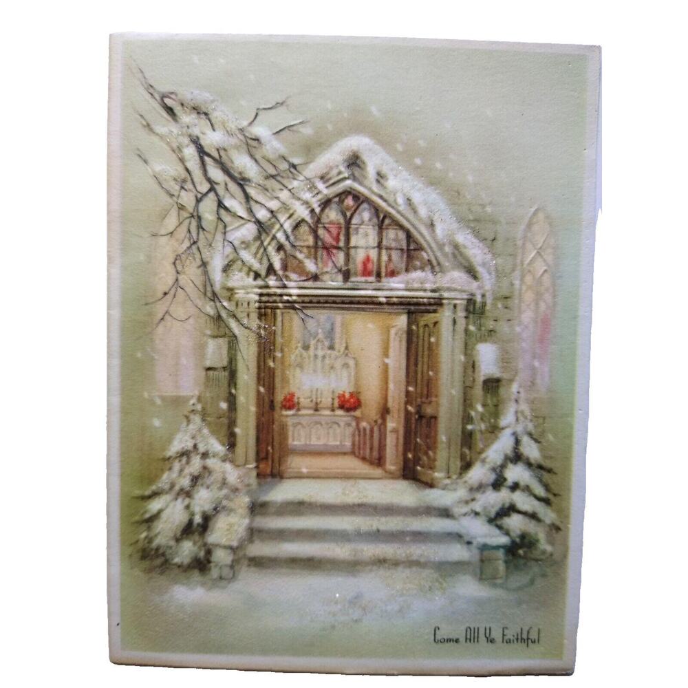 Christmas Greeting Card Vintage Mid Century Glitter Snow Covered Home 1945